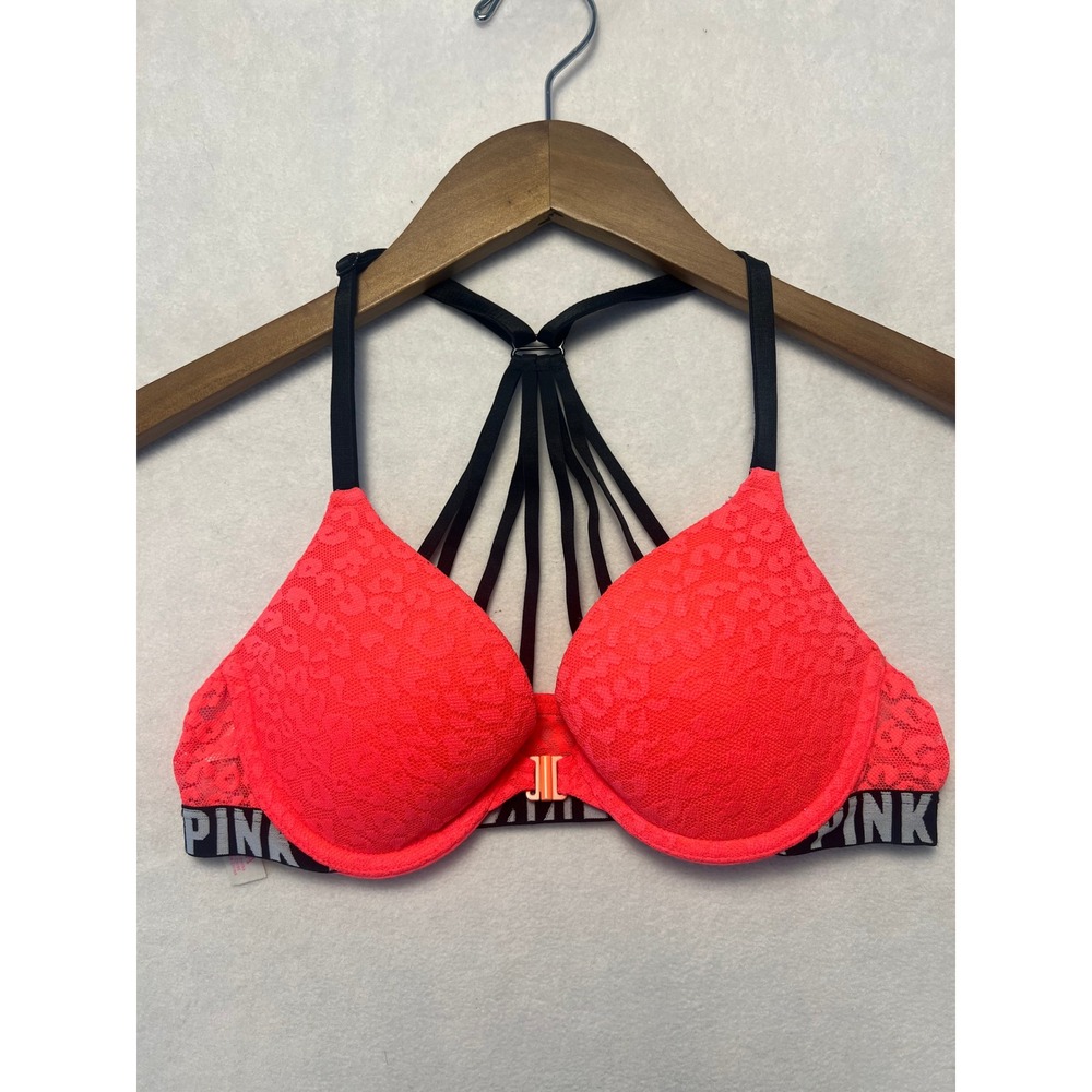 PINK 32A Push Up Bra Neon Pink Lace Leopard Cage Back Front Close Logo Band